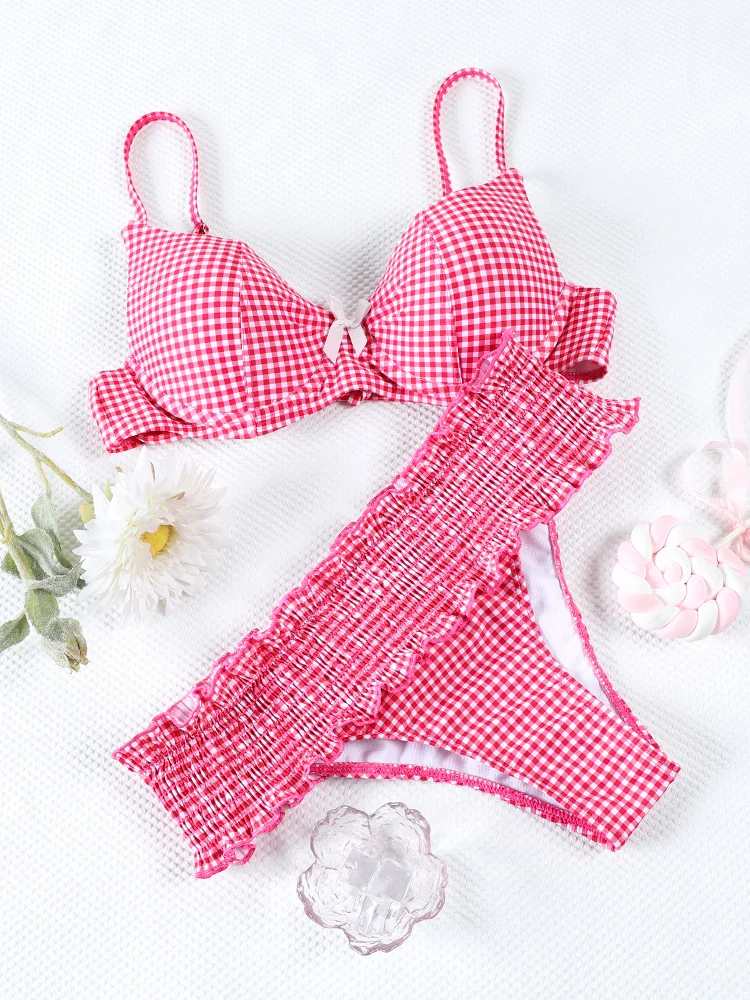 Bowknot Ruffle Bikinis Women Thongs Plaid Swimsuit Red Lattice Point Swimwear Bathing Suits Biquini Summer Beachwear Swimsuit