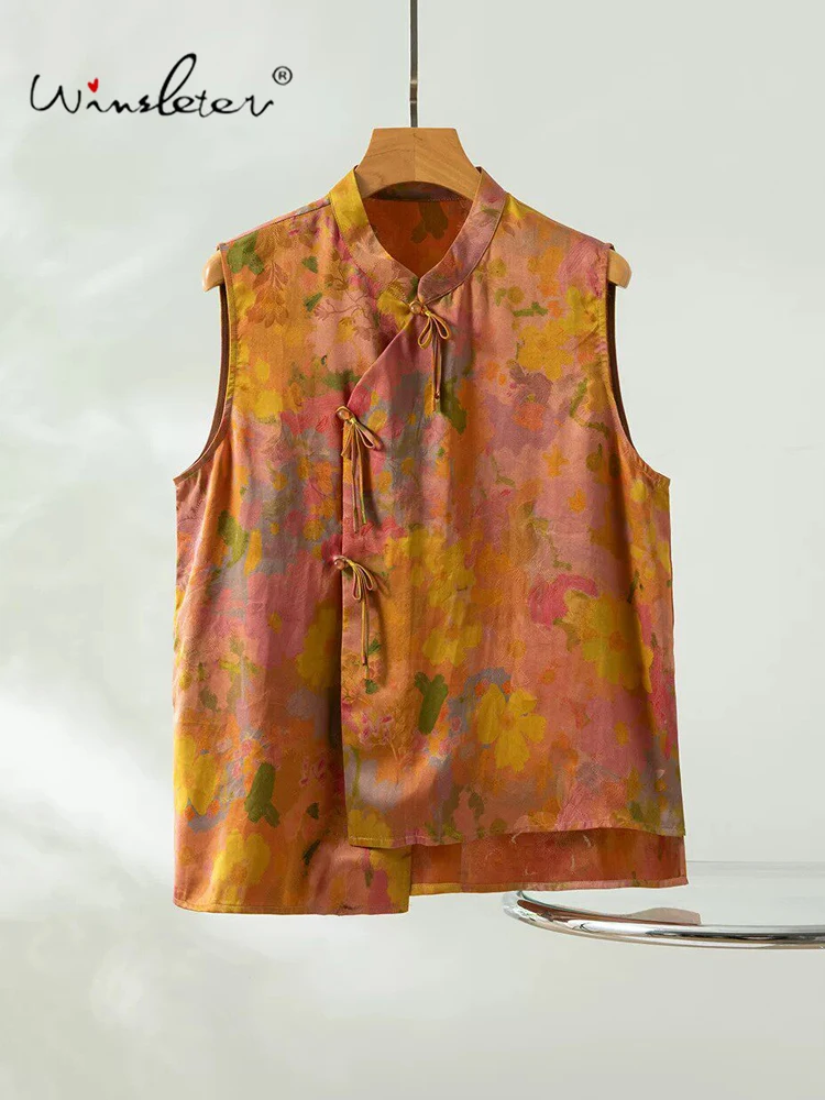 Winsleter-100%Real Silk Hongyunsha Elegant Vest, Stand Print, Women Korean Vacation Commute Loose Vest, 2026 Autumn New T69063CC