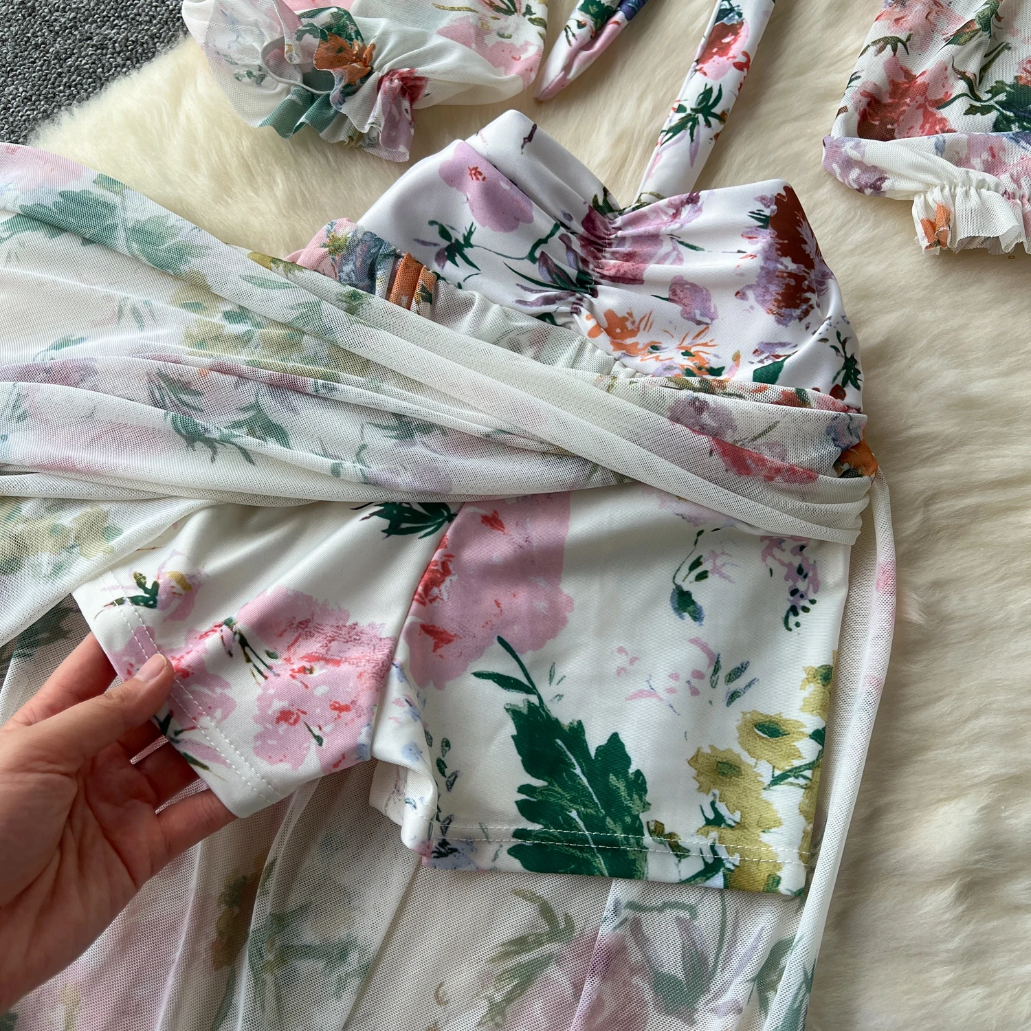 Beach Vacation Sets For Women 2 Pieces Printed Long Sleeve Cropped Tops And Split Midi Skirt New In Matching Sets