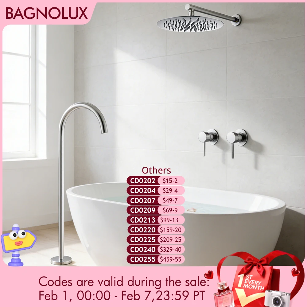 

ChromeBlack/ Bathroom Floor Mixer Faucet 8-12 Inch Shower Head with 2 Brass Control Switch Hot Cold Bathtub Tap 2 Way Shower