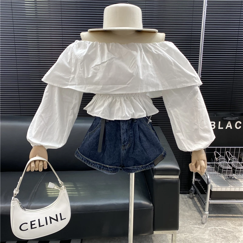 Brand Original Design Modern Wooden Ear Roll Shoulder 2022 New Light Ripe Temperament Joker Pleated Waist Pullover Top