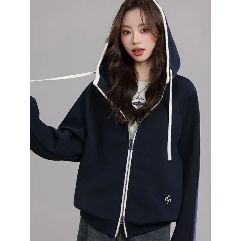 

Navy Blue Hoodie Women's Thin Jacket 2025 Spring and Autumn New Style Contrasting Color Cardigan Design Sense Hooded Sweatshirt