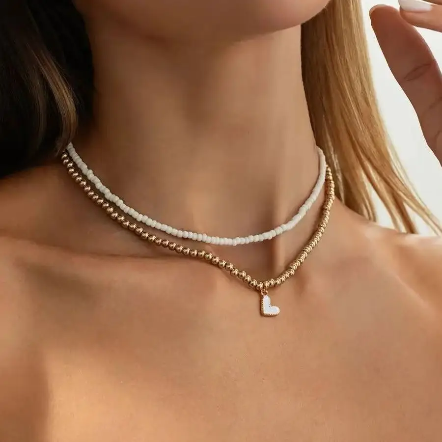 

PuRui 2Pcs/Set Y2K Boho Trendy CCB Rice Beaded Choker Necklace Women Creative Black White Red Heart Pendant Necklace Jewelry