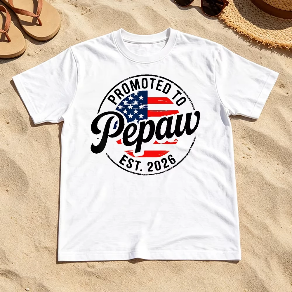 Promoted To Pepaw Est 2026 American Flag Grandpa Graphic Women Casual T Shirt Patriotic Family Reunion Event Wear Top
