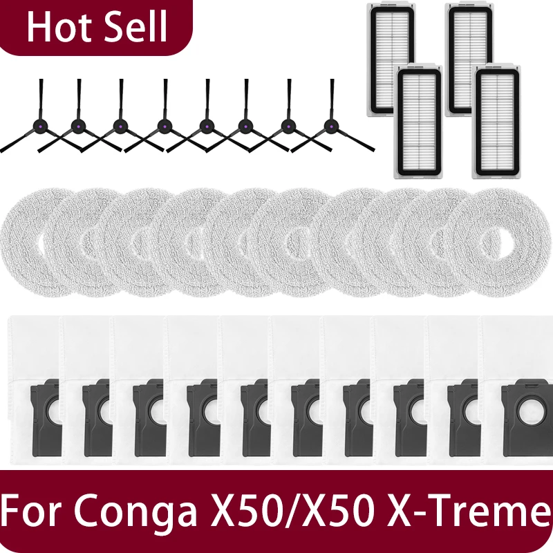 Compatible For ( Cecotec Conga X50 / X50 X-Treme ) Replacement Parts Accessories Main Side Brush HEPA Filter Mop Pad Dust Bag