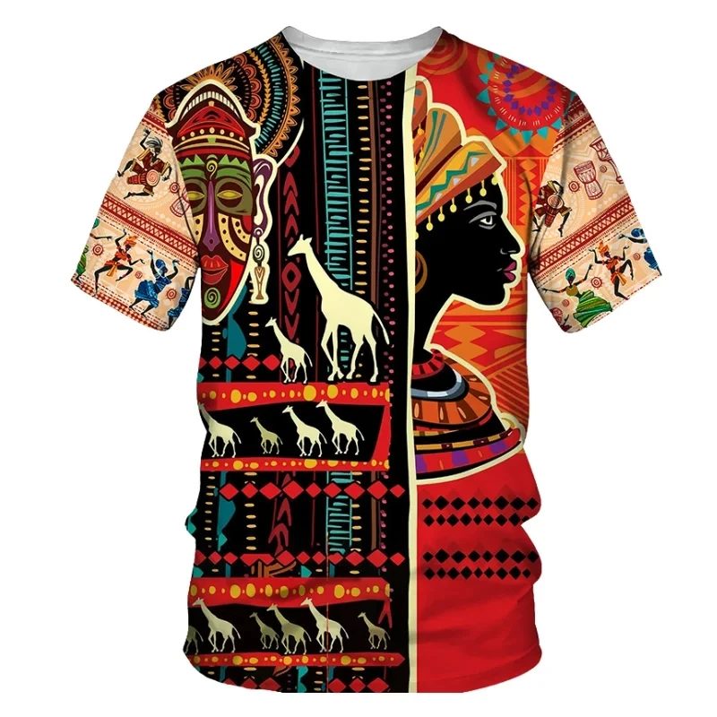 Camiseta de manga curta com padrão de dança africana masculina, tendência retrô, moda lazer diário, estilo esportivo, tops soltos com gola redonda confortáveis