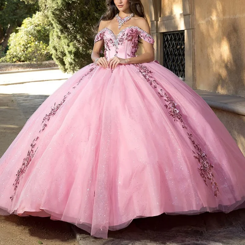 

Pink Shiny Princess Quinceanera Dresses Off Shoulder Beads Sequin Applique Lace Bow Tull Sweet 16 Dress Ball Gown Vestidos 15 De