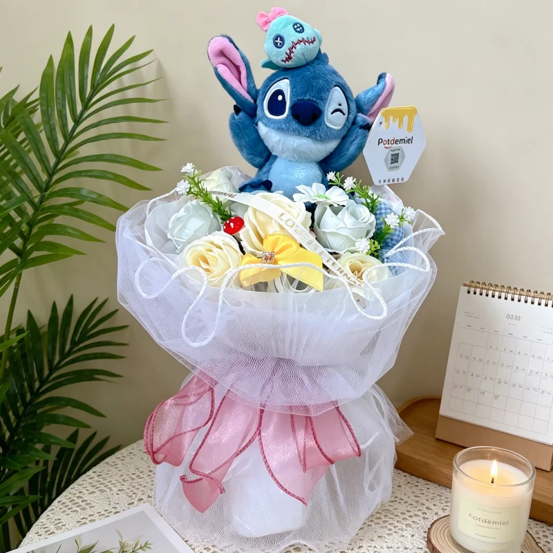 Echte Stitch Mickey Mouse Winnie Plüschpuppen mit Künstlichem Kreativem Blumenstrauß Valentinstag Weihnachten Abschlussgeschenke – Detail 6