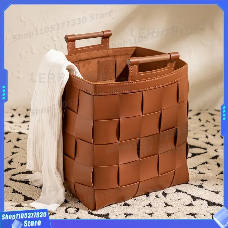 Hand Woven Leather Storage Basket for Dirty Laundry High End Light Luxury Sundries Organizer Bin Home Decor Woven Basket