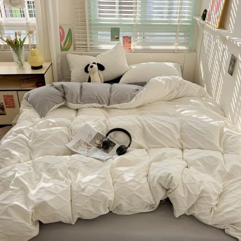 

seersucker bed sheet four-piece set washed cotton skin-friendly and comfortable rhombus quilt cover solid color quilt cover