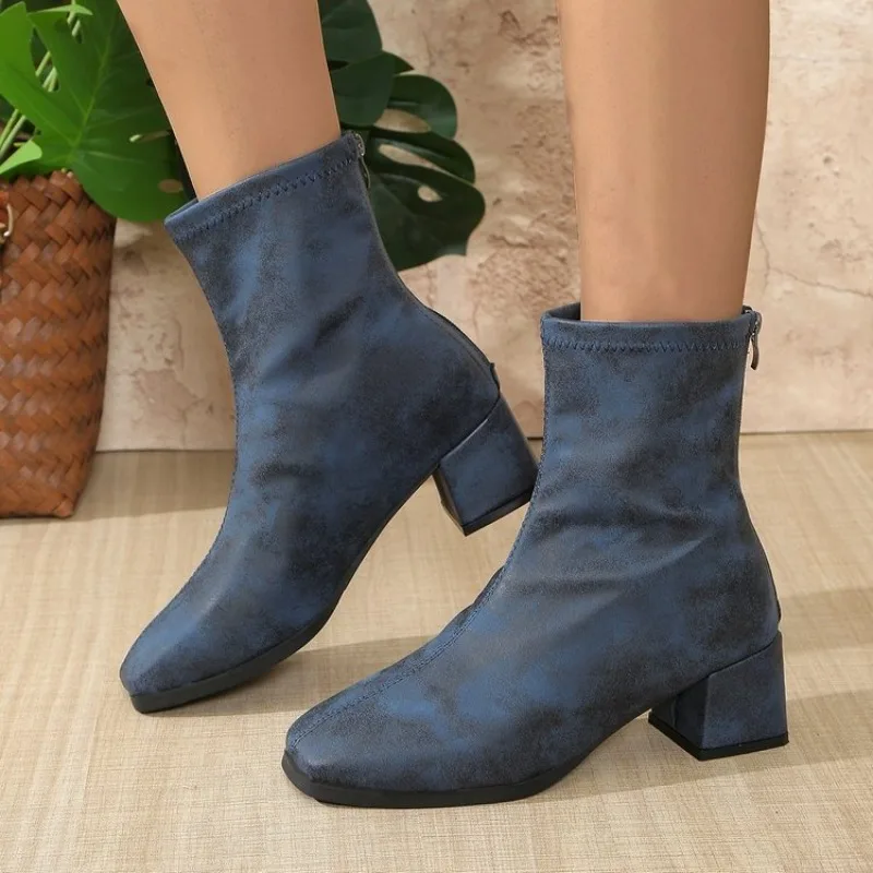Women's Ankle Boots Square Toe Mid Block Heel Textured Upper Back Zipper Sleek Profile Casual Footwear Standard Edition Choice