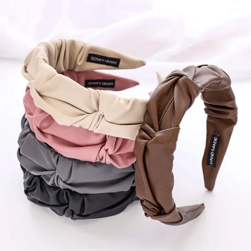 Simple Fashion Solid Color PU Leather Fold Headband Adult Hairband Classic Knotted Artificial Leather Hair Accessories Head Wrap