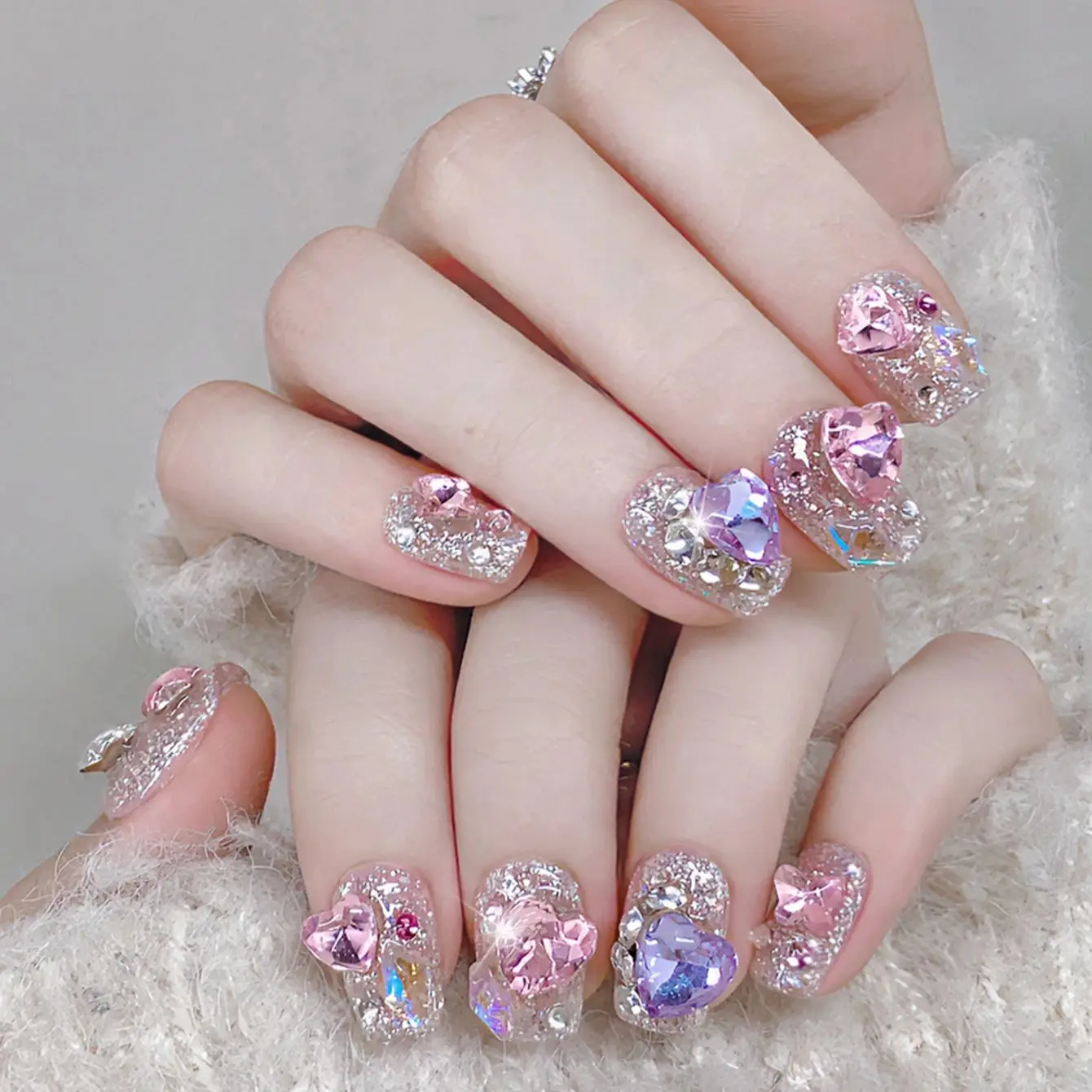 

SKY CLOUD 10pcs Fake Nails Press on Reusable with Designs Set French Handmade Aurora False Rhinestones Stick-on Nails Tips Art