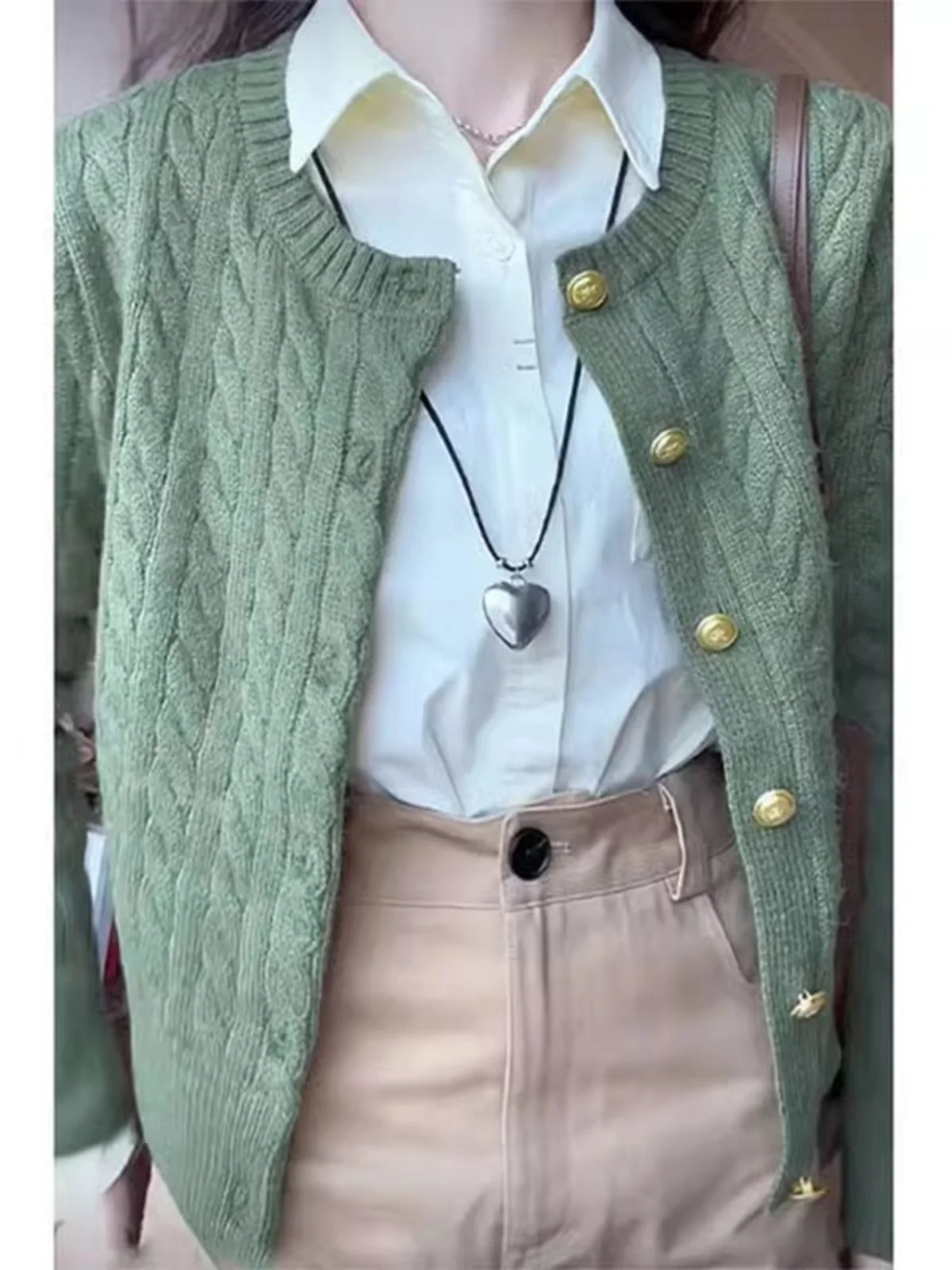 Retro Olive een Knitted ort Cardigan Women's Autumn Winter Small Size Twist Sweater Jaet Premium Feeling Top