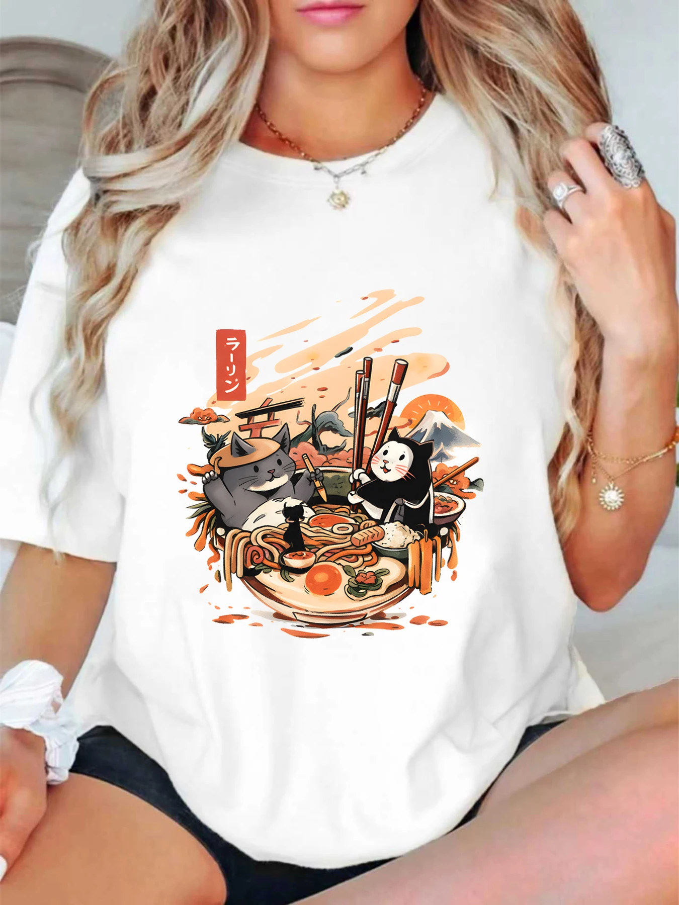 

【ZXH11435】Lamian Noodles Cat Print Large Women's Round Neck Summer Casual Short Sleeve Street Fashion Versatile T-shirt