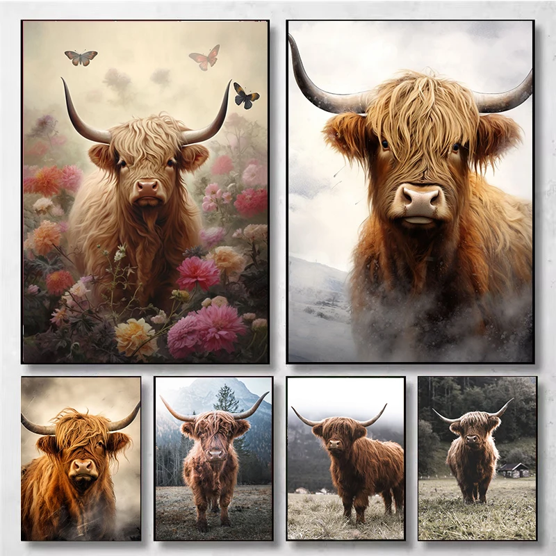Scottish Highland Cow Wild Animal Nordic Nature Landscape Poster Canvas Painting Wall Art Pictures for Room Home Farmhouse Decor