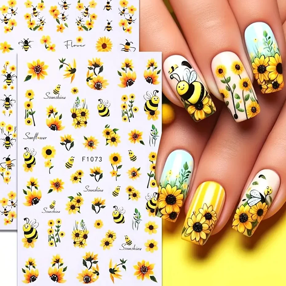2pcs Sunflower Nail Art Sticker Yellow Flowers Bee Adhesive Decal French Stripe Line Star Manicure Slider