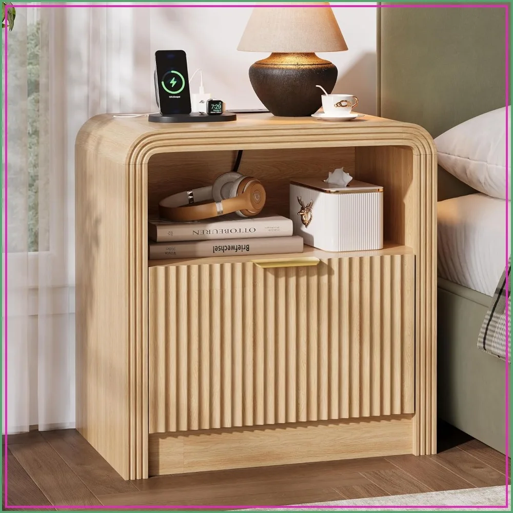 23 Inch Wide Fluted Nightstand with Charging Station for Bedroom, Oak