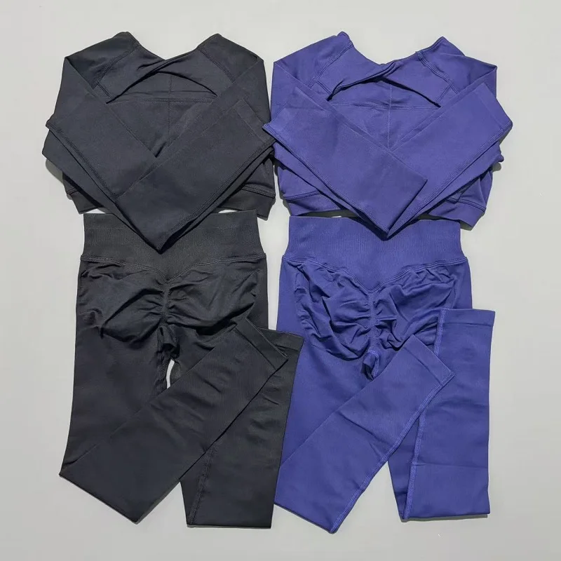 2 قطعة بدلة يوجا الصالة الرياضية مجموعة النساء التجفيف السريع اللياقة البدنية مجموعة الإناث رياضية الجري تجريب طويلة الأكمام ملابس رياضية