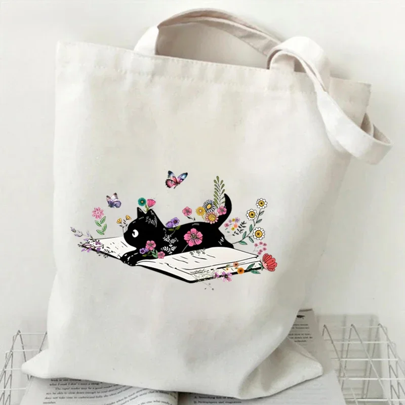 Cat and Floral Book Pattern Tote Bag donna semplice borsa a tracolla in tela Cartoon Kitten Shopping Bag studente Fashion Y2K Handbag