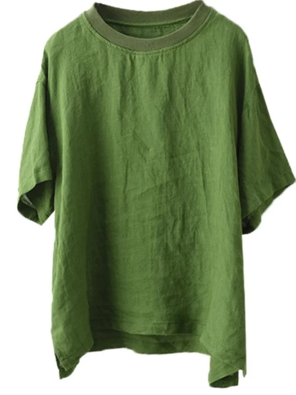 Retro Pure Color Linen T-irt Women Loose Large Size Simple Match Casual ort Sve Top Summer New Arrival 2025