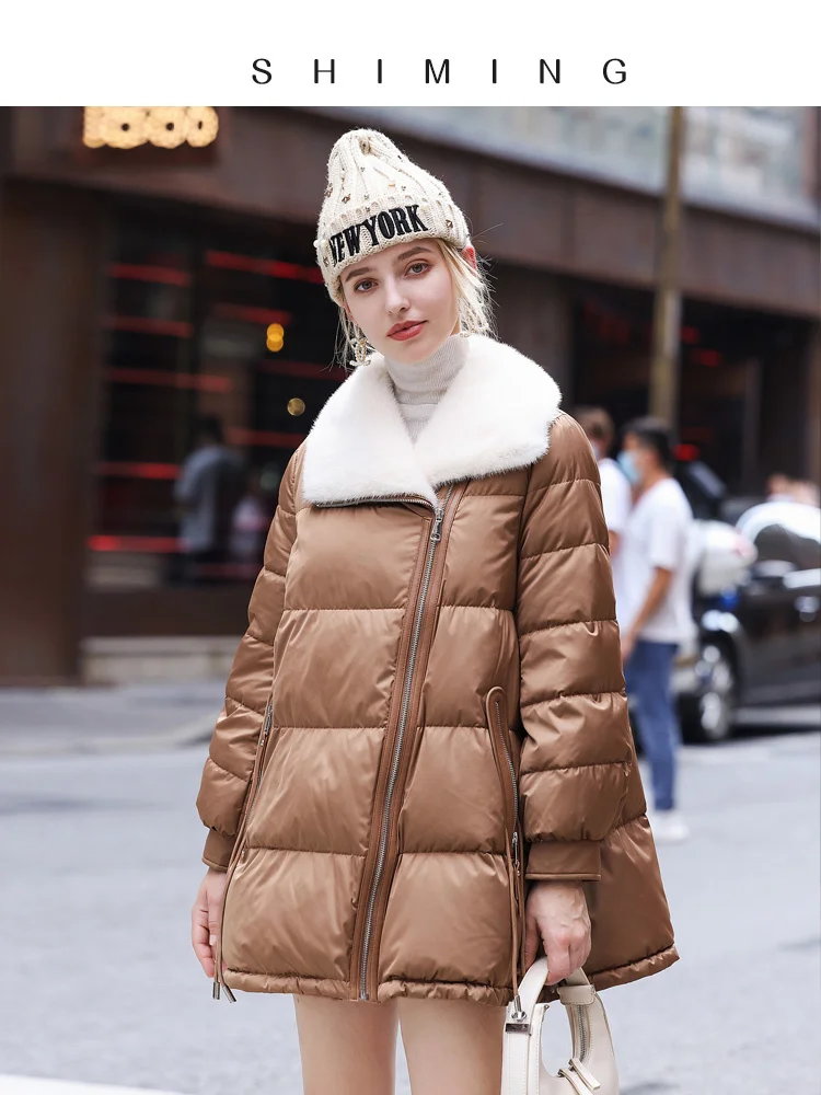 2023 Winter New High end Silk Down Coat Women's Mid length Mink Fur Collar Fur Coat Slim Goose Down Coat