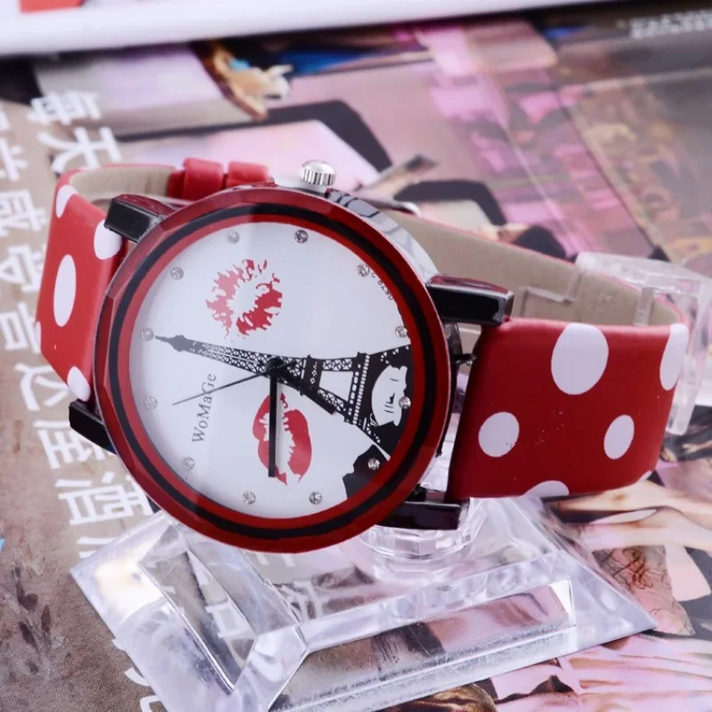 Hot Sale New Eiffel Tower Watch Polka Dot Watch Women Red Watches WOMAGE Casual Leather Band Quartz Wristwatches bayan kol saati