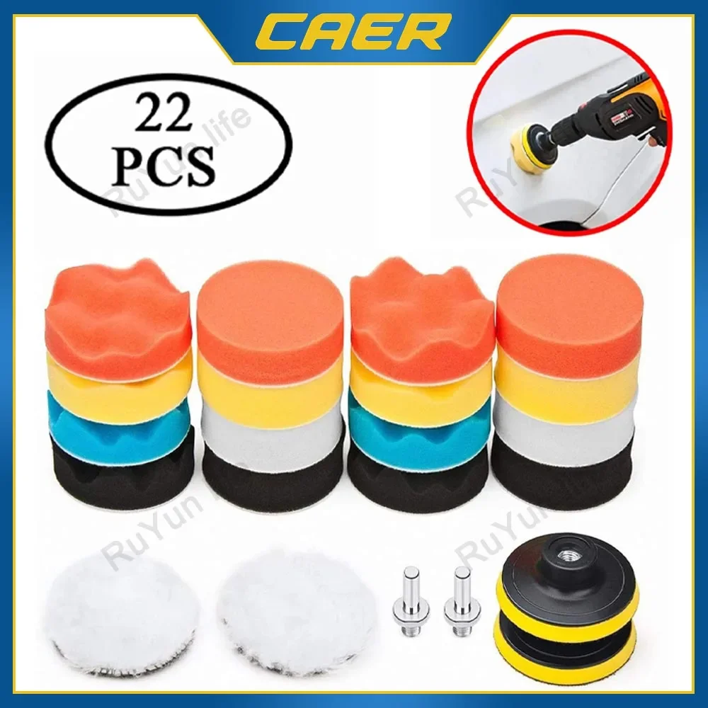 CAER 5/22Pcs Car Foam Drill Polishing Pad Kit 3inch Self-Adhesive Buffing Pads Sponge Disc with M10 Adapter for Polish Waxing