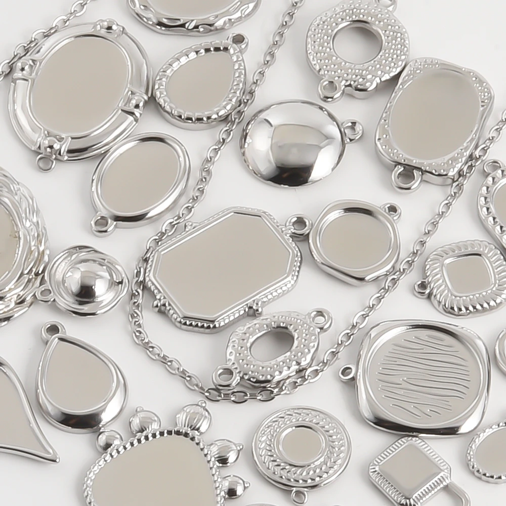 6pcs No Fade Oval Square Heart Charm Blank Tray Base Settings DIY Jewelry Making Accessories Stainless Steel Pendant Charm Bulk