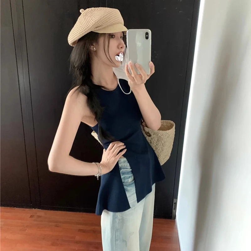 Haut Sexy Fendu pour Femme, Camisole, Blouse Fine, T-shirt Sans Manches, Design Précieux, Été