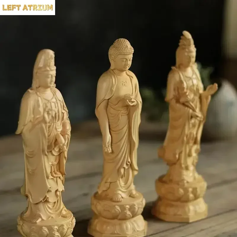 Boxwood Carving Western Three Saints Amitabha Buddha Guanyin Bodhisattva Home Decor