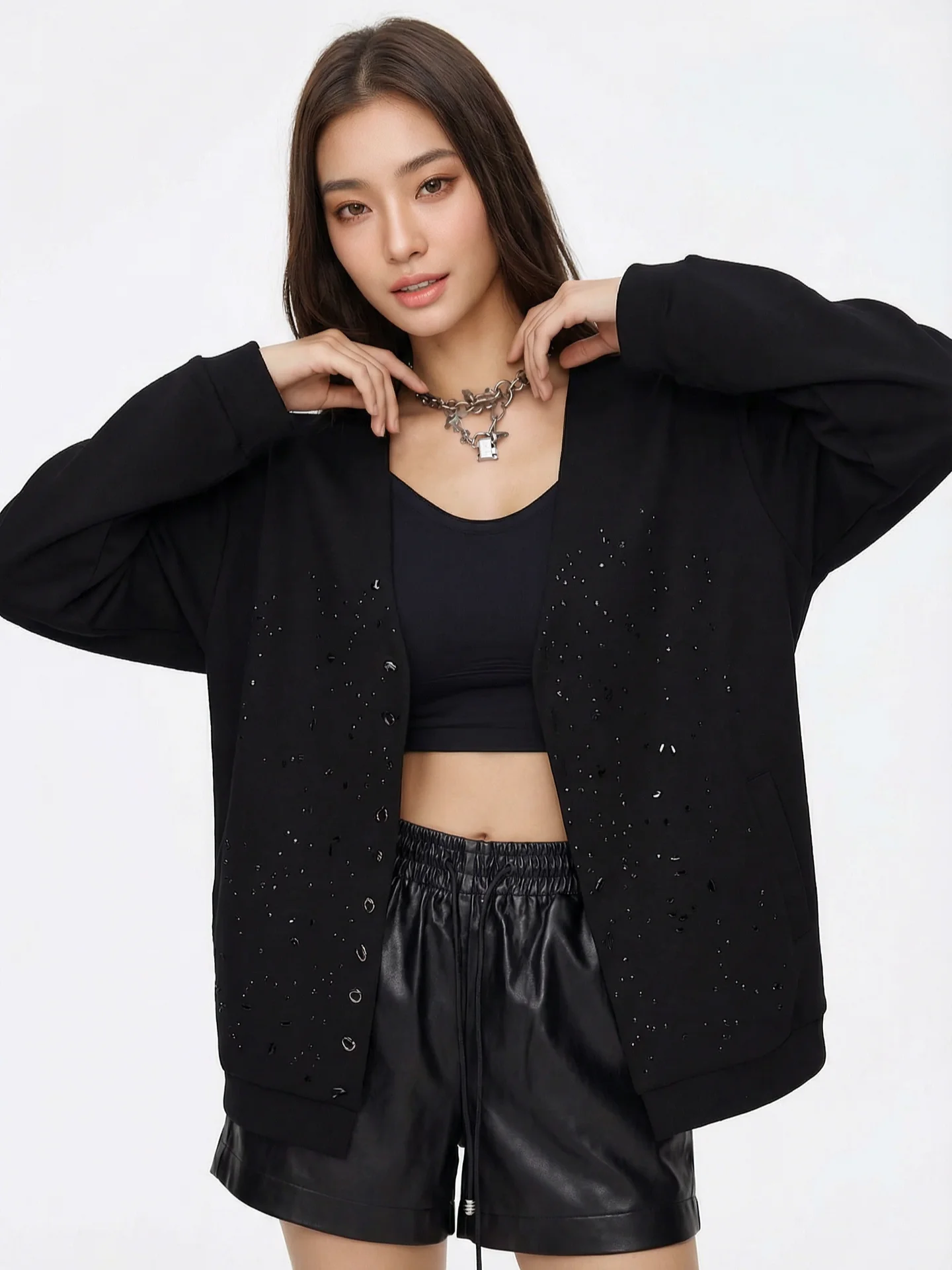 

Женский модный кардиган-свитшот BW Design с V-образным вырезом, облегающий, с блестящими стразами, длинными рукавами, свободного кроя, весенний, повседневный