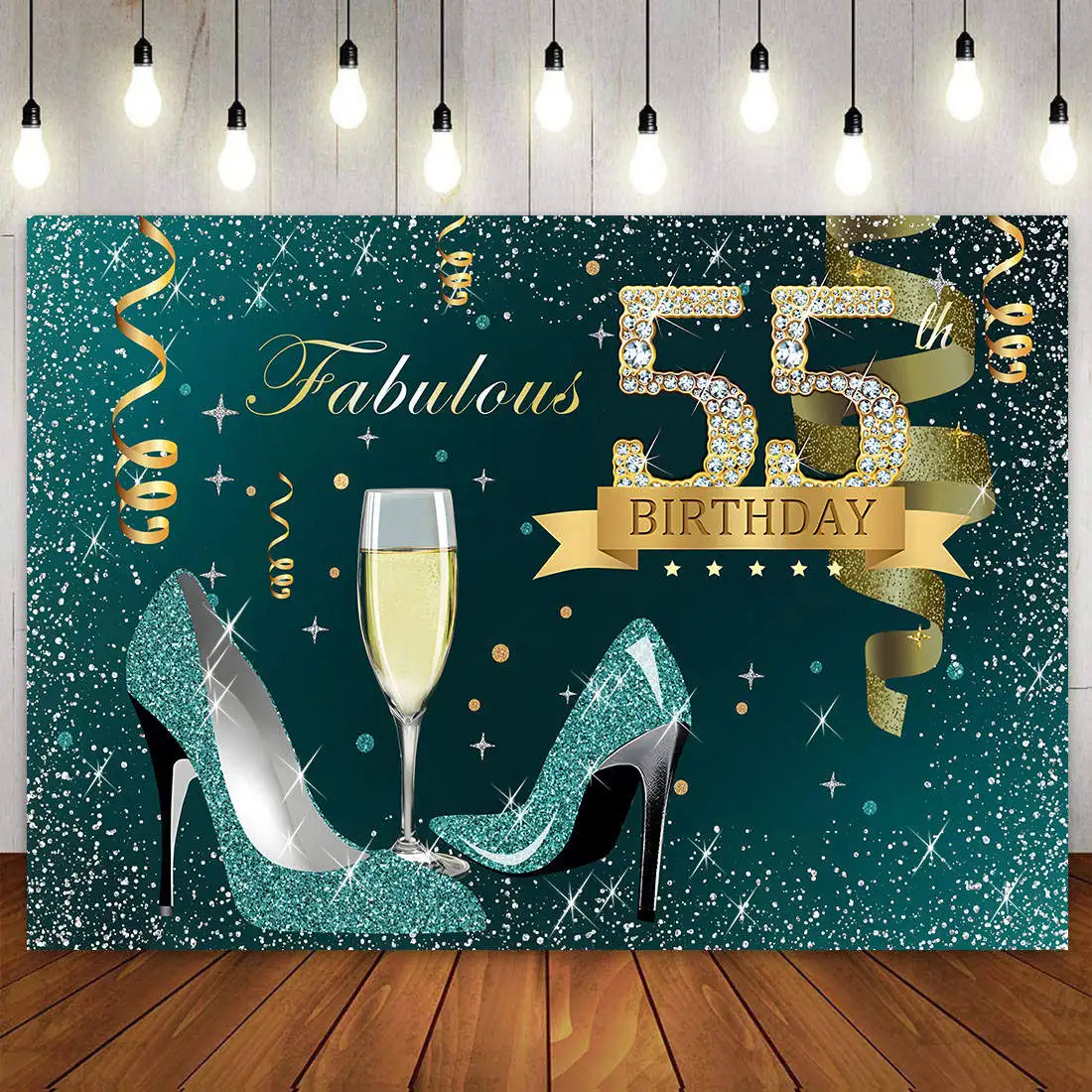 Happy 55th Birthday Party Decoration Backdrop Elegant Turquoise Green High Heels Glitter For Woman 55 Years Old Banner Customize