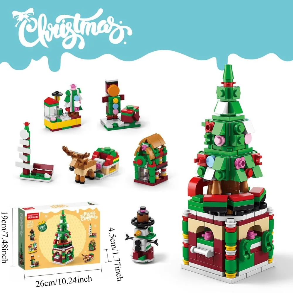 Zestaw klocków do budowania z motywem świątecznym, pozytywka choinkowa, zabawka dla dzieci, prezent, układanka, ozdoba.