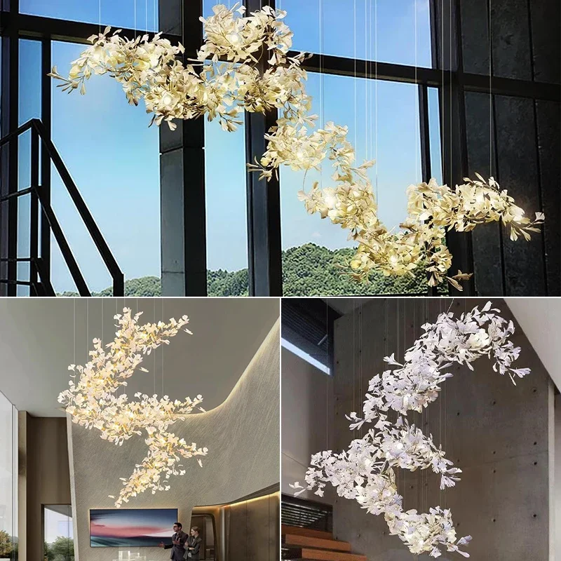 

Chandelier For Loft Stairscase Villa Hotel Living Room Ceramic Gingko Leaf Hanging Chandeliers