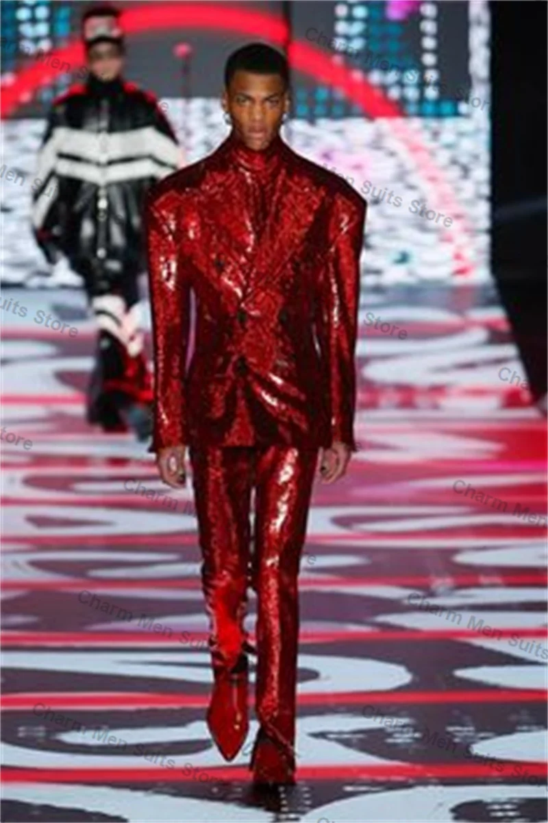 Shiny Sequins Men Suits Set 2 Piece Blazer+Pant Trouser Glitter Green Red Customized Wedding Tuxedo Formal Office Prom Jacket