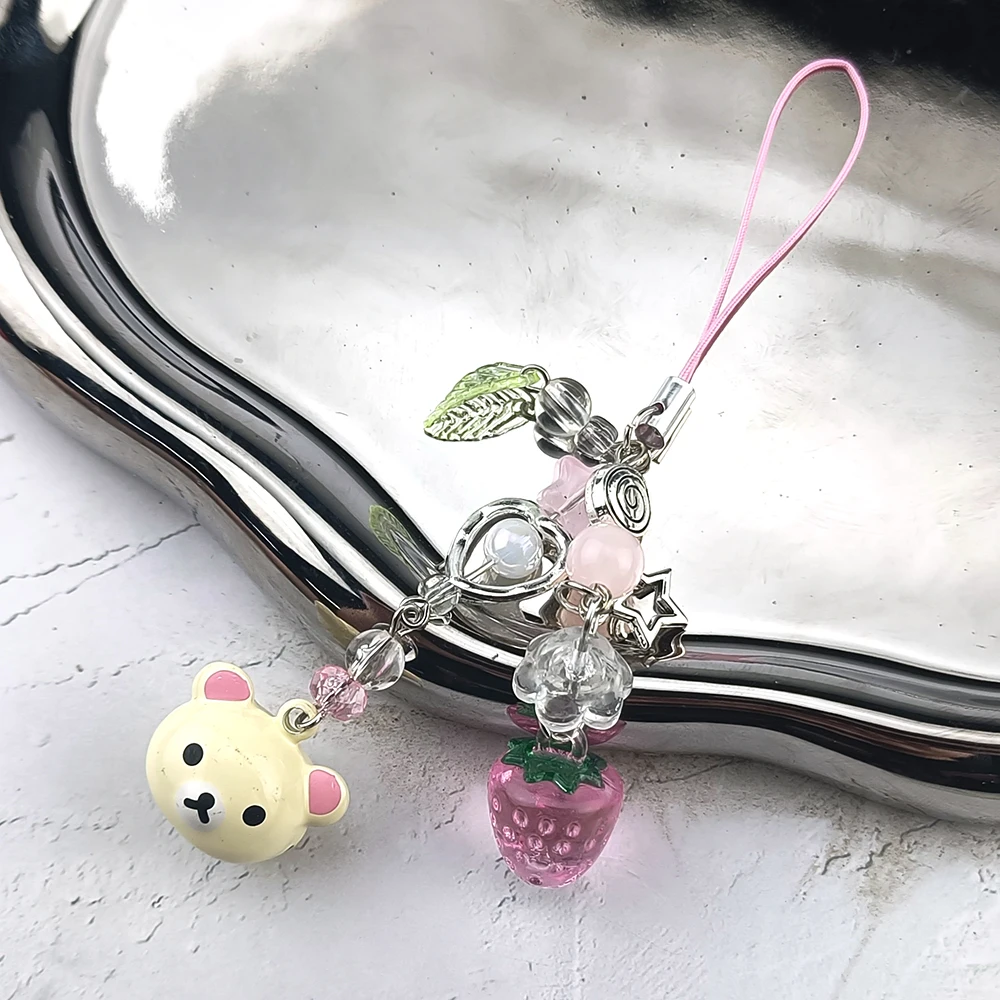 Kawaii Rilakkuma Bear Bell Keychain Y2K Handmade Phone Charm with Strawberry Star Beaded Pendant Matching Trendy Accessory