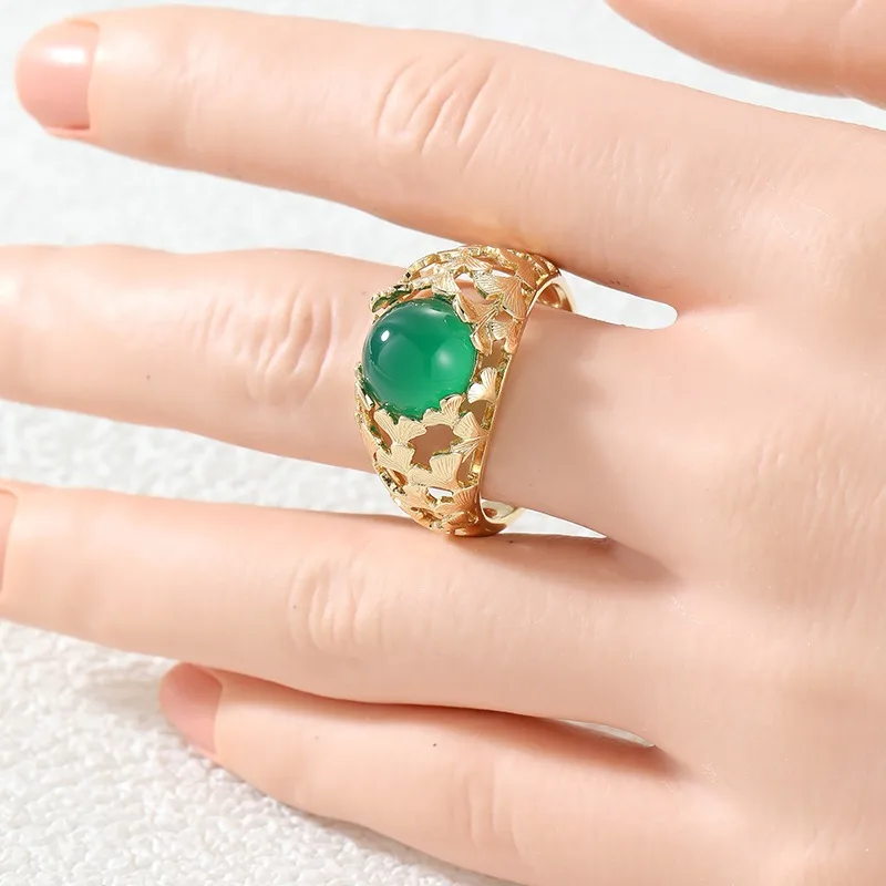 Dazzling Inlaid Green Stone Flower Women's Ring Retro Gold Color Hand Carving Daily Wear Party Jewelry Anniversary Gift