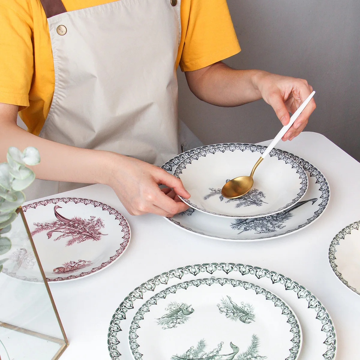 Plato de cerámica de orquídeas Vintage europeas, platos profundos de cena de Pasta, ensalada de frutas, plato de postre, hogar, cafetería, arte romántico impreso, vajilla