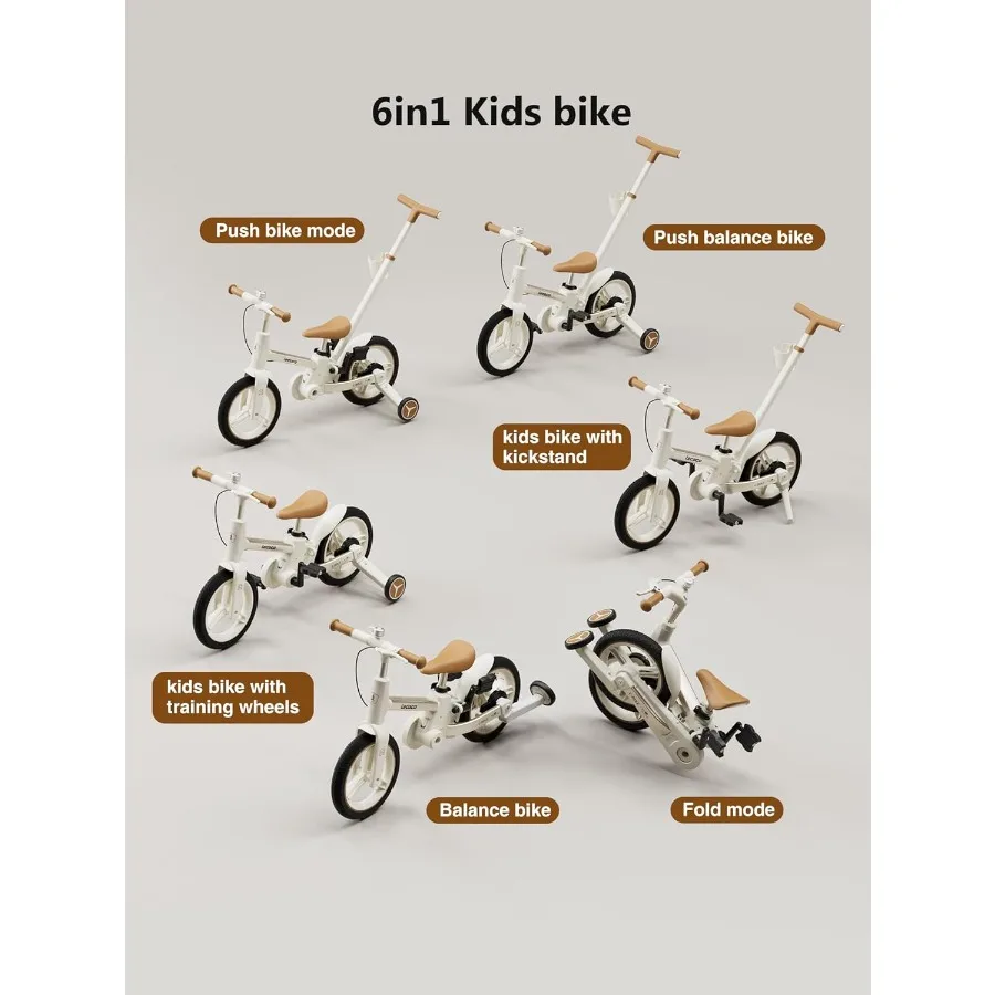 アップグレードされた幼児用自転車、プッシュハンドル付き、6 in 1、バランスバイクおもちゃ、補助輪、ブレーキ、カップホルダー、ペダル、キックスタンド付き