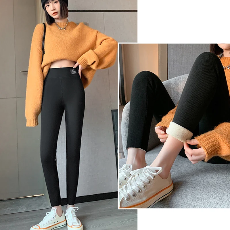 Women Solid Color Warm Lambwool Leggings Autumn Winter Stretch Waist Cold Leggings Woman Outdoor Wear-Resistant Casual Leggings