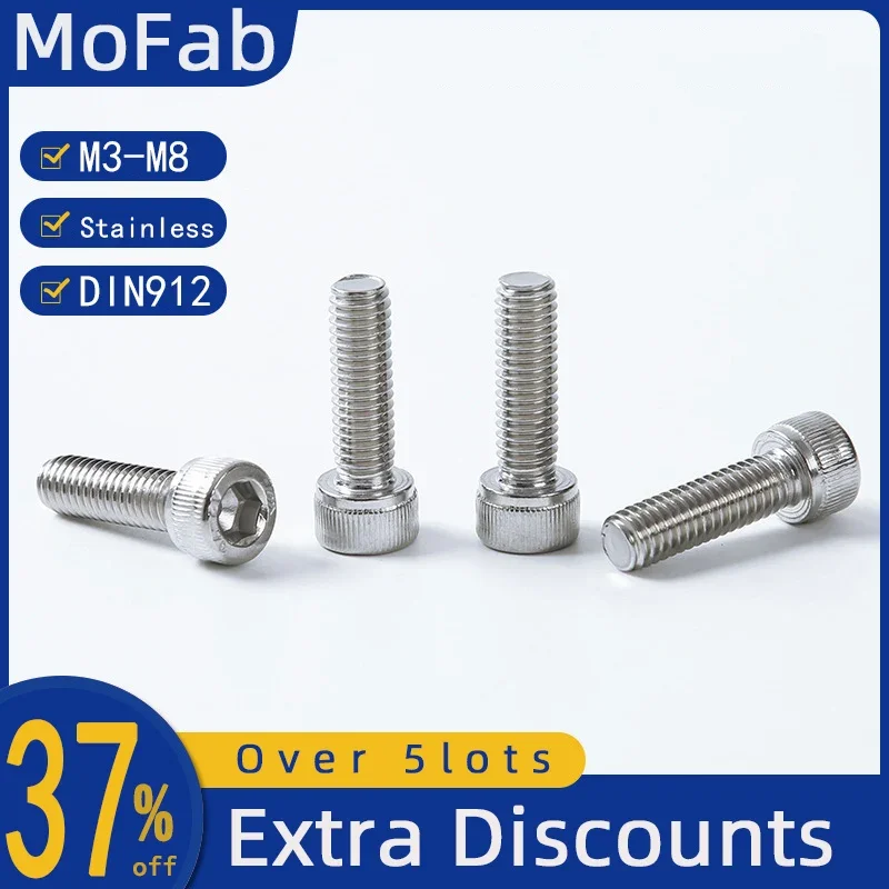 2pcs Hex Socket Bolt Screw M3 M4 M5 M6 M8 304 Stainless Steel Grade 12.9 DIN912 Hexagon Head Cap Allen