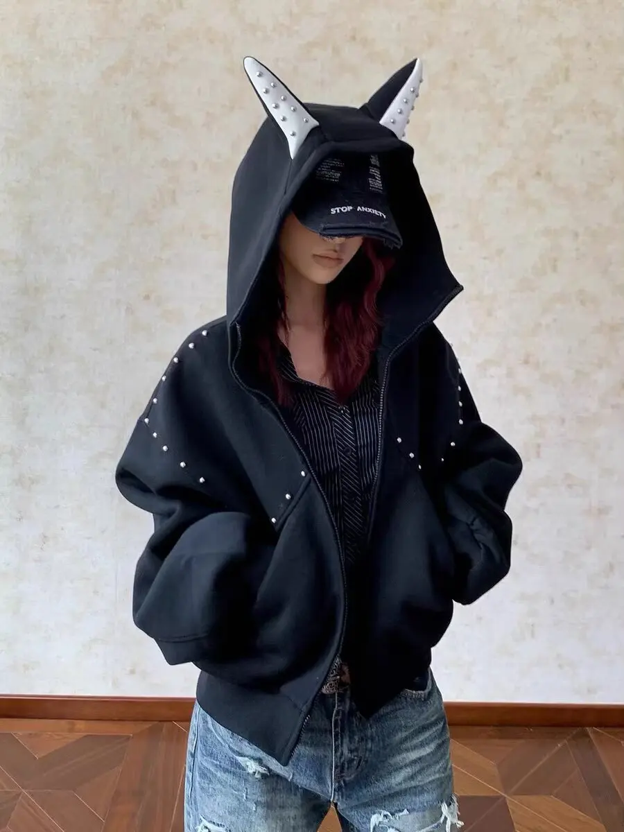 Halloween Zip Up Hoodies Women Harajuku Devil Ears Hooded Rivet Sweatshirt Autumn Winter Drop Long Sleeves Oversized Outwear