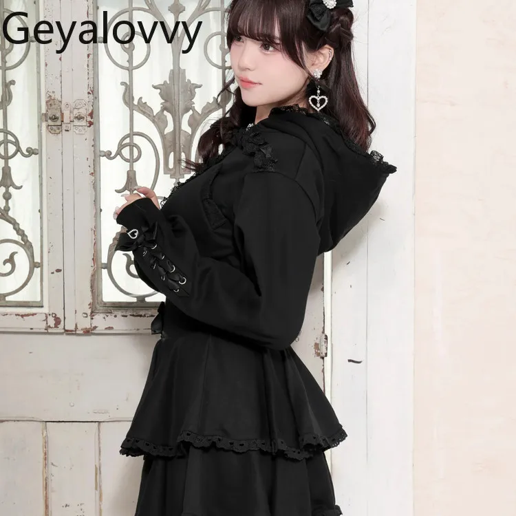 

2026 New Japanese-style Sweet & Cute Girls Zip-up Bow Lace Cropped Hoodie Sweatshirt and High Wait Short Skirt Two Piece Set