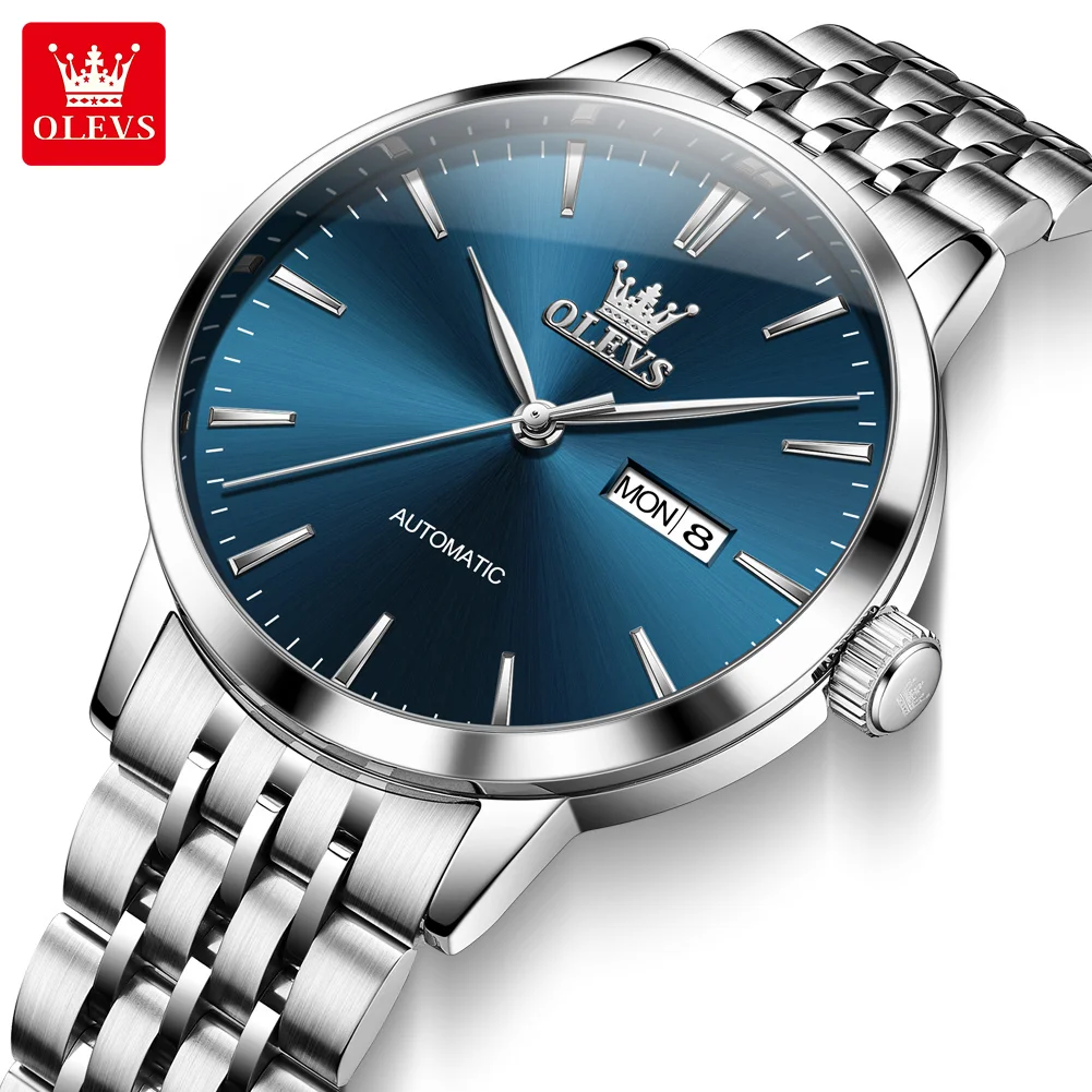 Olevs marca relógio tira de aço duplo calendário totalmente automático relógio mecânico luz noturna à prova dwaterproof água relógio masculino 7048