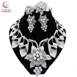 CYNTHIA African Necklace Earrings Bracelet Ring Dubai Silver Plated Jewelry Sets for Women Wedding Bridal Bracelet Ring Set