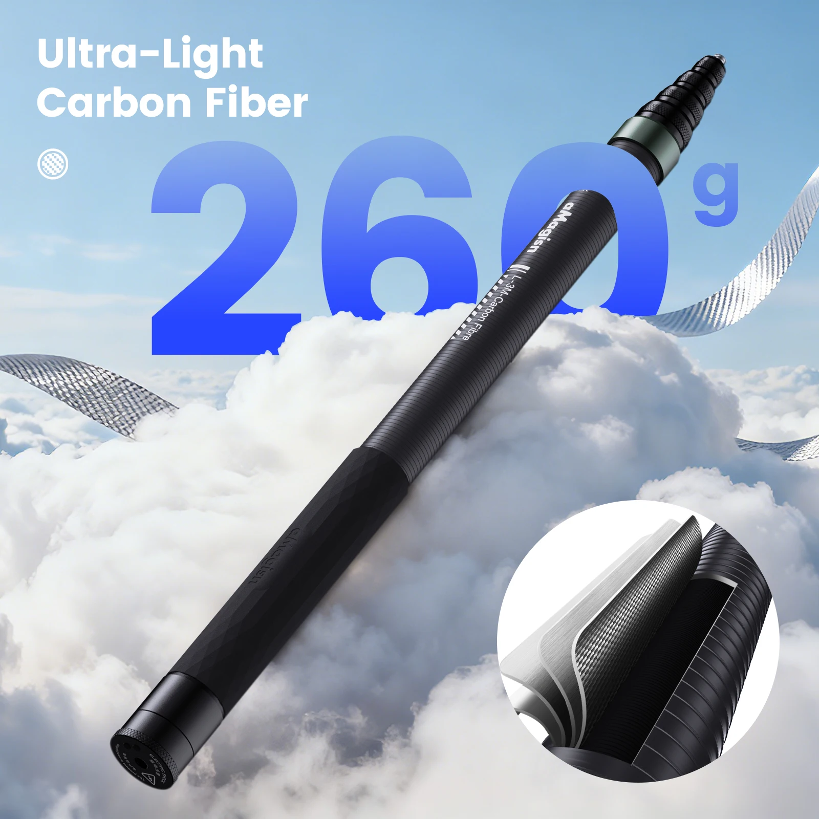 aMagisn 3m Invisible Selfie Stick , Carbon Fiber Extended Monopod 118