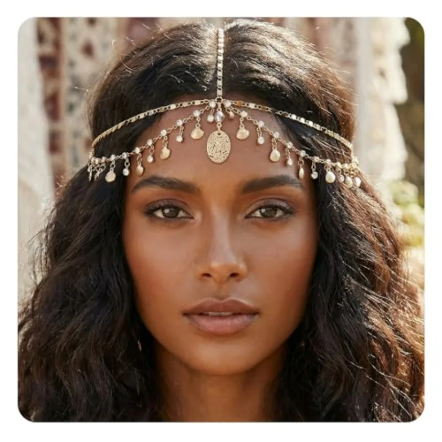 

Gold Head Chain Shells Rhinestone Egyptian Headpiece Gold Genie Head Jewelry for Women Girls Goddess, Boho Headpiece Egyptian H