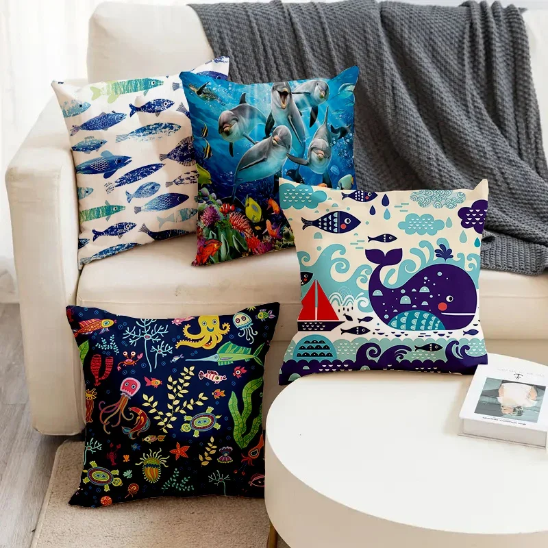 

Sea World Animal Whale Dolphin Fishes Printed Soft Square Pillowslip Linen Blend Cushion Cover Pillowcase Living Room Home Decor