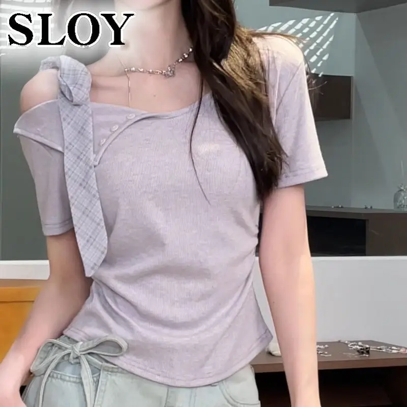 

Trend Irregular Bandage Bow Slim Korean T Shirts Summer Short Sleeve Solid Sweet Patchwork Tops Fashion Casual Women Clothing